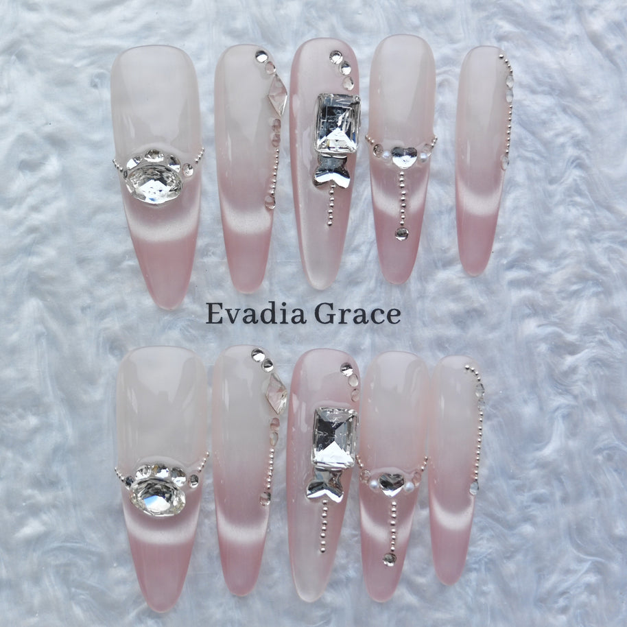 Romantic Pink Gradient Press-On Nails – 3D Crystal & Heart Accents | Long Coffin Luxury Fake Nails | Reusable Elegant Nail Art Tips