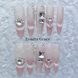 Romantic Pink Gradient Press-On Nails – 3D Crystal & Heart Accents | Long Coffin Luxury Fake Nails | Reusable Elegant Nail Art Tips