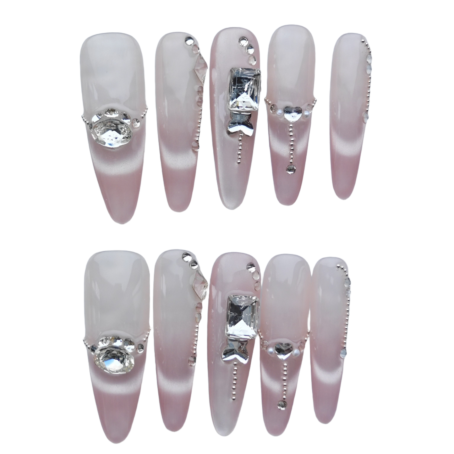 Romantic Pink Gradient Press-On Nails – 3D Crystal & Heart Accents | Long Coffin Luxury Fake Nails | Reusable Elegant Nail Art Tips