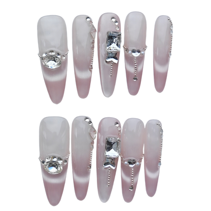 Romantic Pink Gradient Press-On Nails – 3D Crystal & Heart Accents | Long Coffin Luxury Fake Nails | Reusable Elegant Nail Art Tips