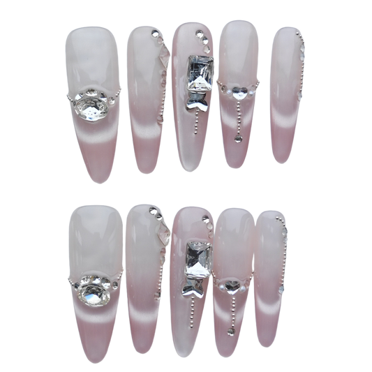 Romantic Pink Gradient Press-On Nails – 3D Crystal & Heart Accents | Long Coffin Luxury Fake Nails | Reusable Elegant Nail Art Tips