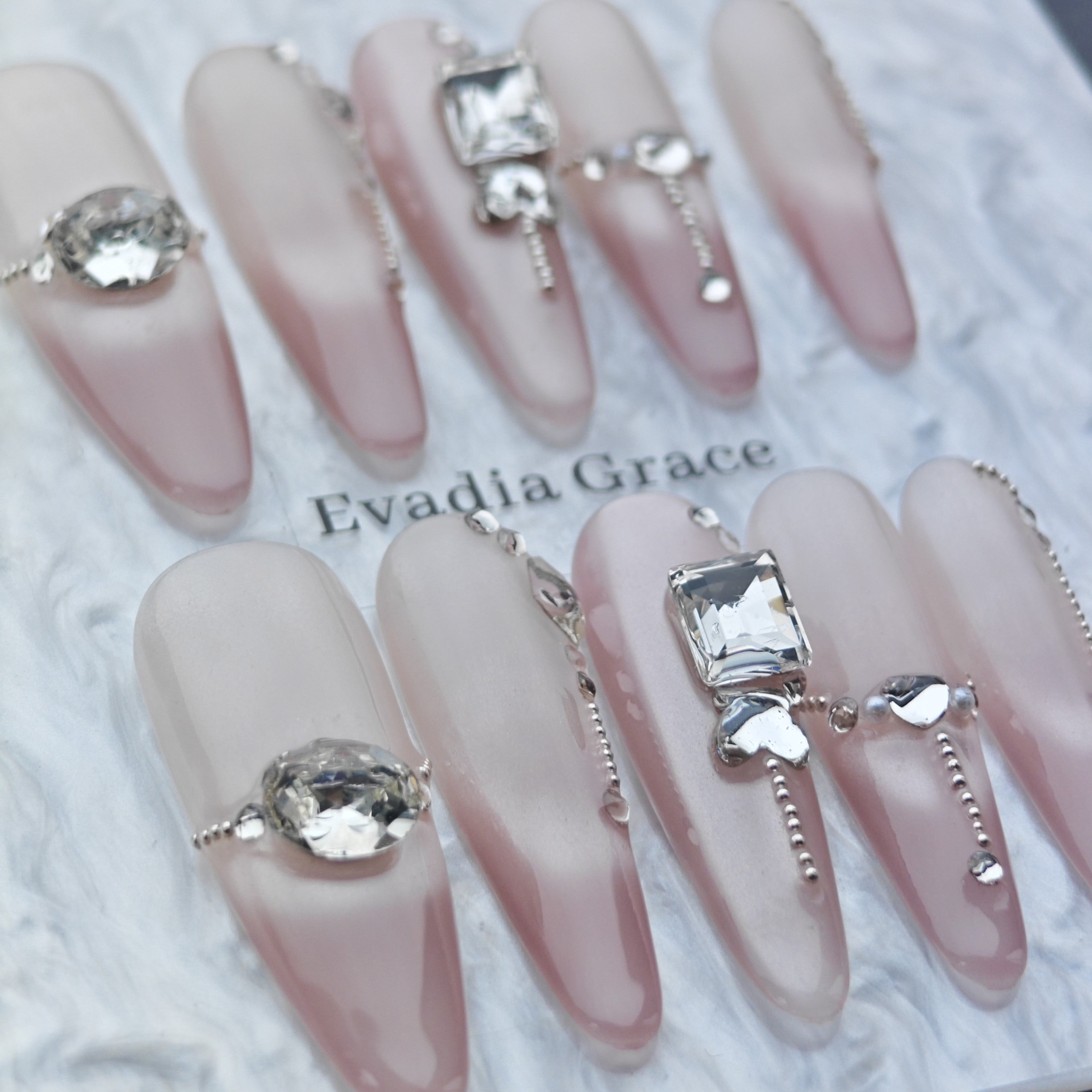 Romantic Pink Gradient Press-On Nails – 3D Crystal & Heart Accents | Long Coffin Luxury Fake Nails | Reusable Elegant Nail Art Tips