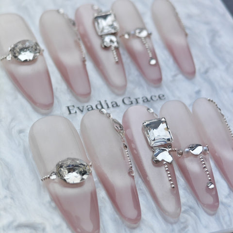 Romantic Pink Gradient Press-On Nails – 3D Crystal & Heart Accents | Long Coffin Luxury Fake Nails | Reusable Elegant Nail Art Tips