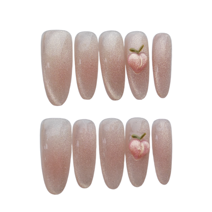 Peach Pink Glitter Press On Nails – 3D Peach Accent | Nude Sparkle Fake Nails | Handmade Reusable Nail Art Tips