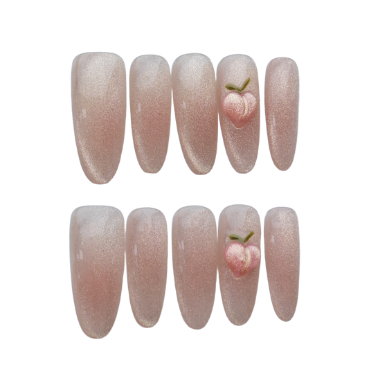 Peach Pink Glitter Press On Nails – 3D Peach Accent | Nude Sparkle Fake Nails | Handmade Reusable Nail Art Tips