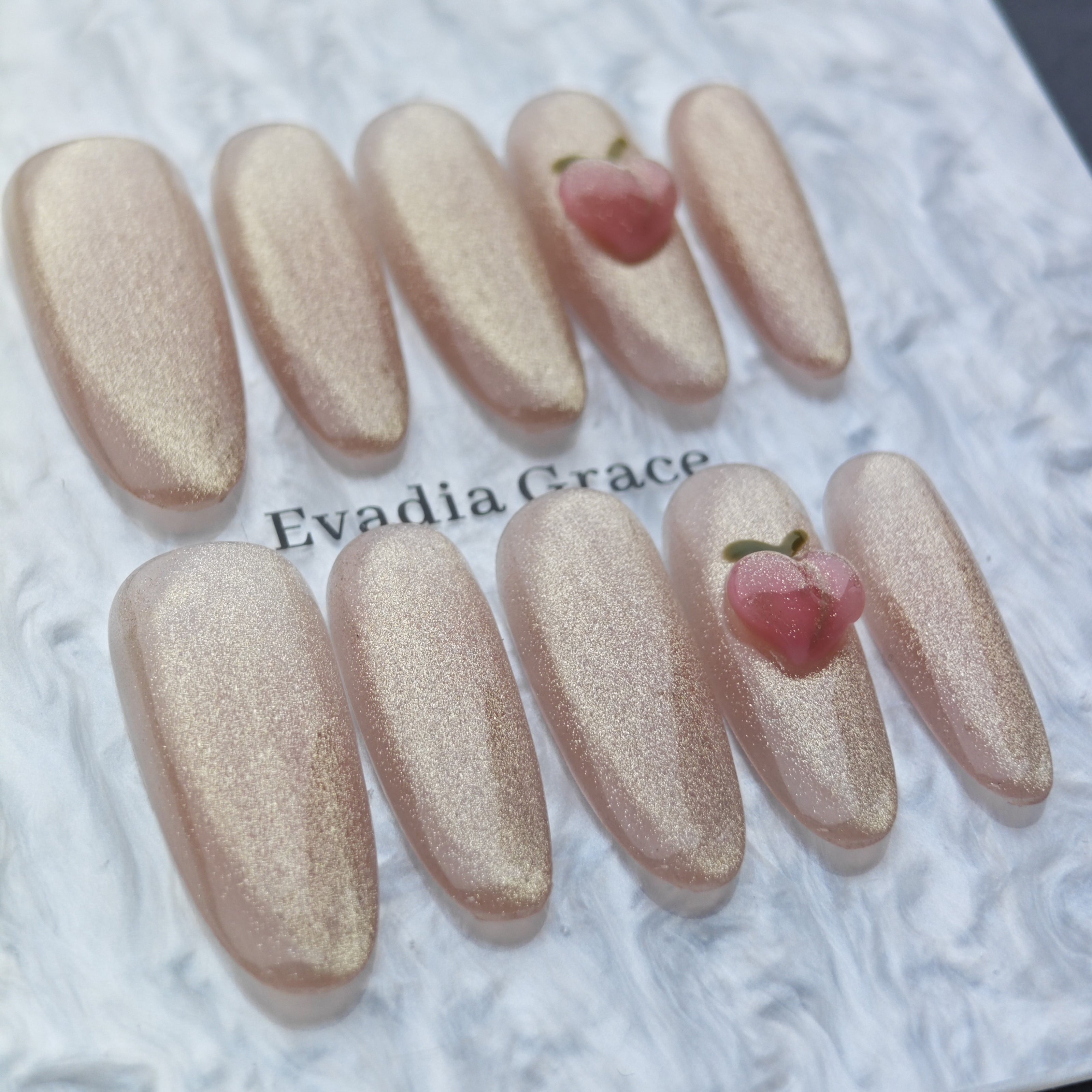 Peach Pink Glitter Press On Nails – 3D Peach Accent | Nude Sparkle Fake Nails | Handmade Reusable Nail Art Tips