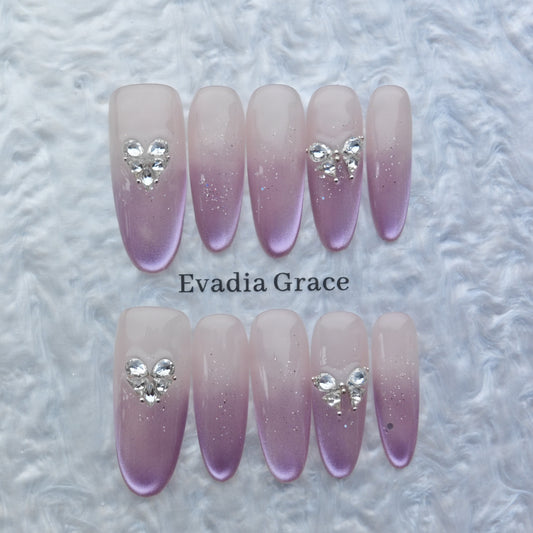 Lavender Glow Ombre Press-On Nails – 3D Crystal Heart & Butterfly Accents | Long Coffin Luxury Fake Nails | Reusable Elegant Nail Art Tips