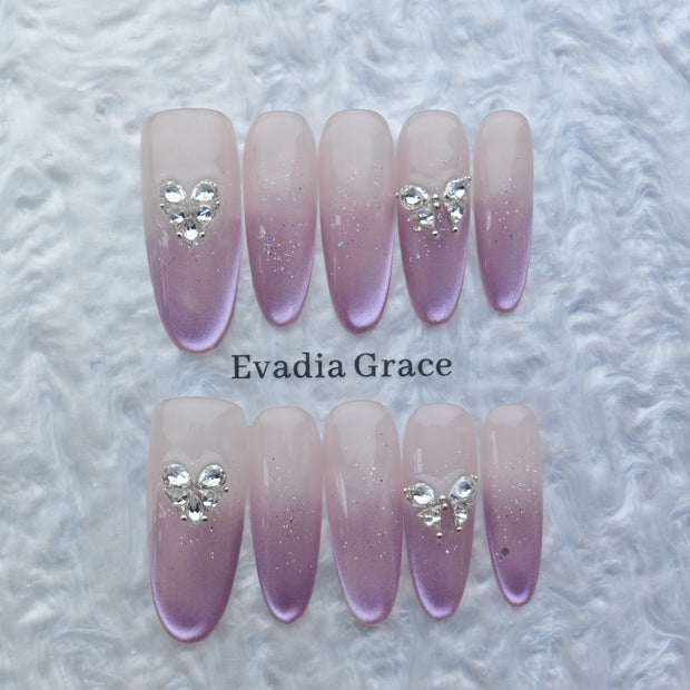Lavender Glow Ombre Press-On Nails – 3D Crystal Heart & Butterfly Accents | Long Coffin Luxury Fake Nails | Reusable Elegant Nail Art Tips