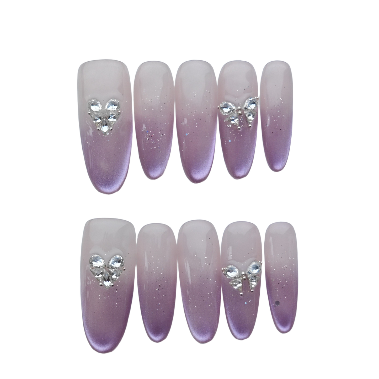 Lavender Glow Ombre Press-On Nails – 3D Crystal Heart & Butterfly Accents | Long Coffin Luxury Fake Nails | Reusable Elegant Nail Art Tips