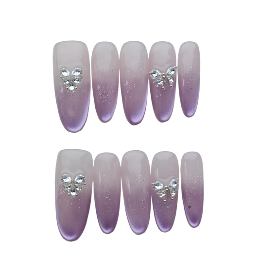Lavender Glow Ombre Press-On Nails – 3D Crystal Heart & Butterfly Accents | Long Coffin Luxury Fake Nails | Reusable Elegant Nail Art Tips