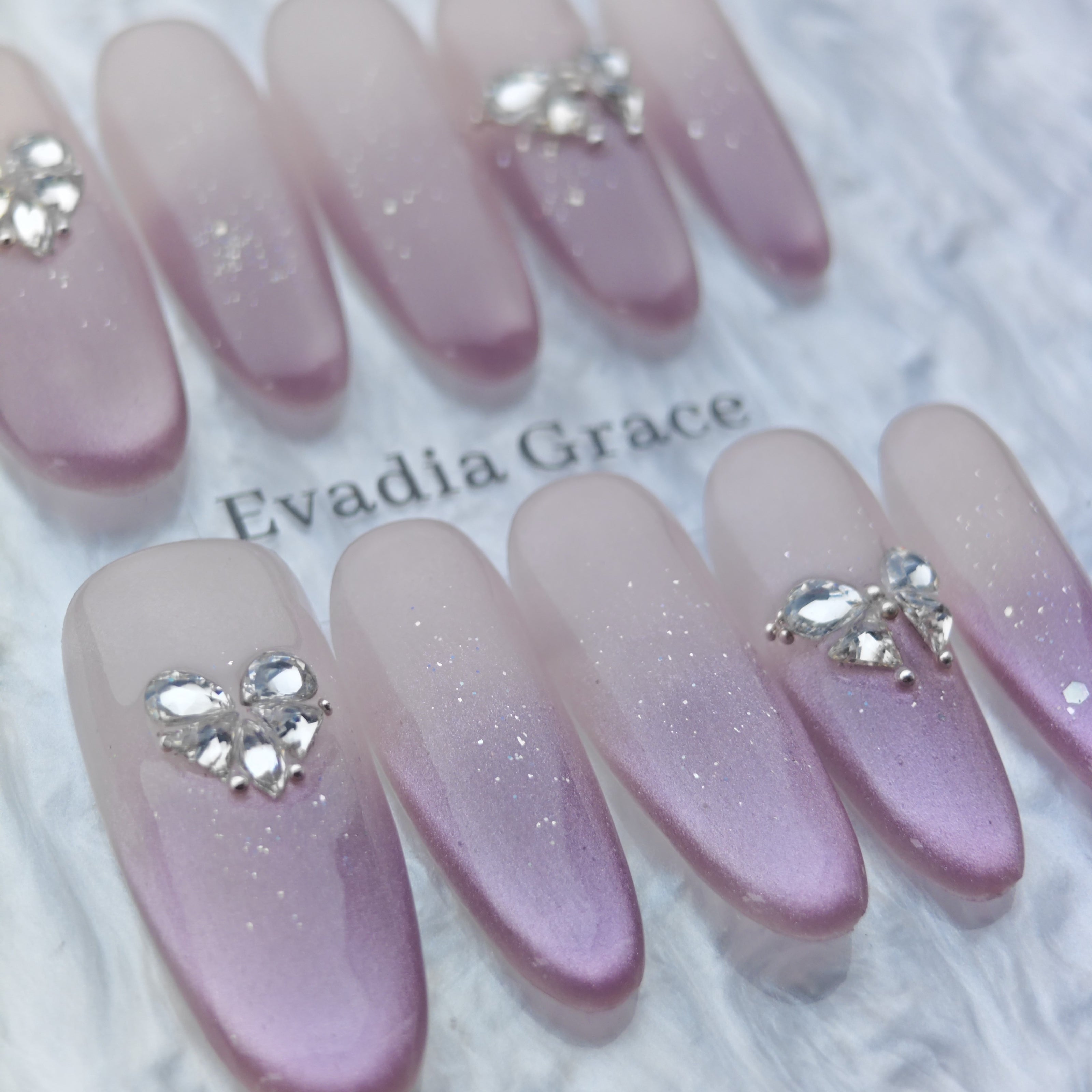 Lavender Glow Ombre Press-On Nails – 3D Crystal Heart & Butterfly Accents | Long Coffin Luxury Fake Nails | Reusable Elegant Nail Art Tips