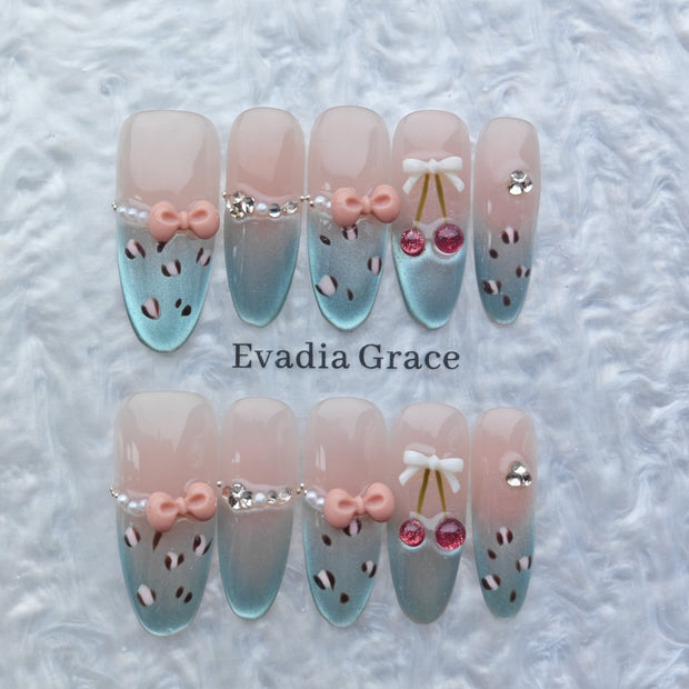 Sweet Peach Shimmer Press-On Nails – 3D Peach Accent | Long Almond Luxury Fake Nails | Reusable Chic Nail Art Tips