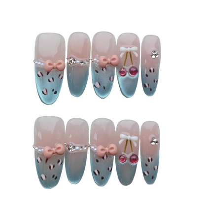Sweet Peach Shimmer Press-On Nails – 3D Peach Accent | Long Almond Luxury Fake Nails | Reusable Chic Nail Art Tips