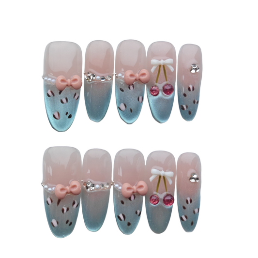 Sweet Peach Shimmer Press-On Nails – 3D Peach Accent | Long Almond Luxury Fake Nails | Reusable Chic Nail Art Tips