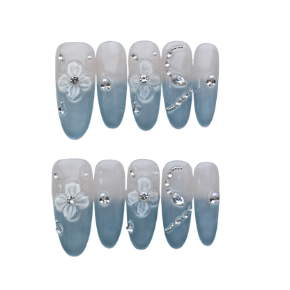Soft Lavender Gradient Press-On Nails – Sparkling Crystal Heart & Butterfly Accents | Long Coffin Elegant Fake Nails | Reusable Luxury Nail Art Tips