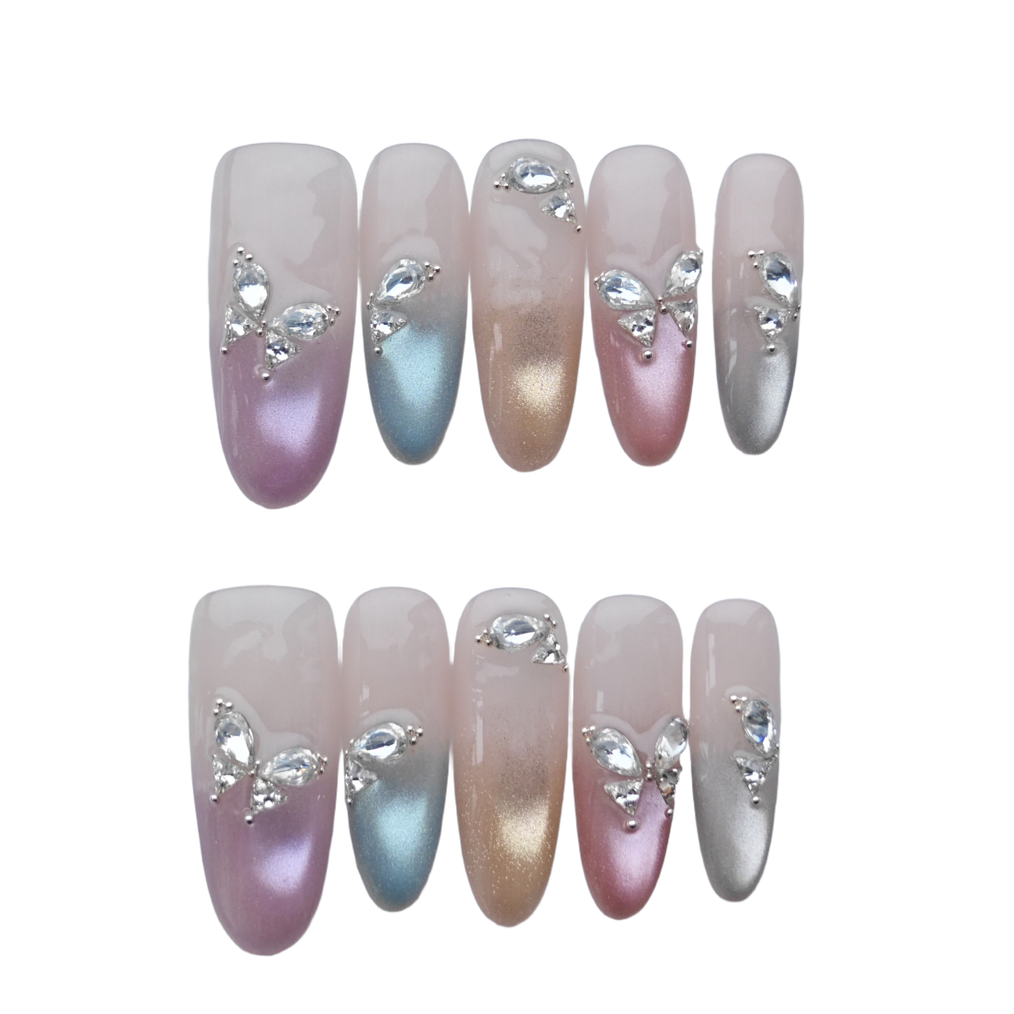 Romantic Lilac Gradient Press-On Nails – 3D Crystal Heart & Butterfly Accents | Long Coffin Luxury Fake Nails | Reusable Elegant Nail Art Tips