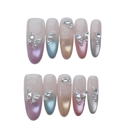 Romantic Lilac Gradient Press-On Nails – 3D Crystal Heart & Butterfly Accents | Long Coffin Luxury Fake Nails | Reusable Elegant Nail Art Tips