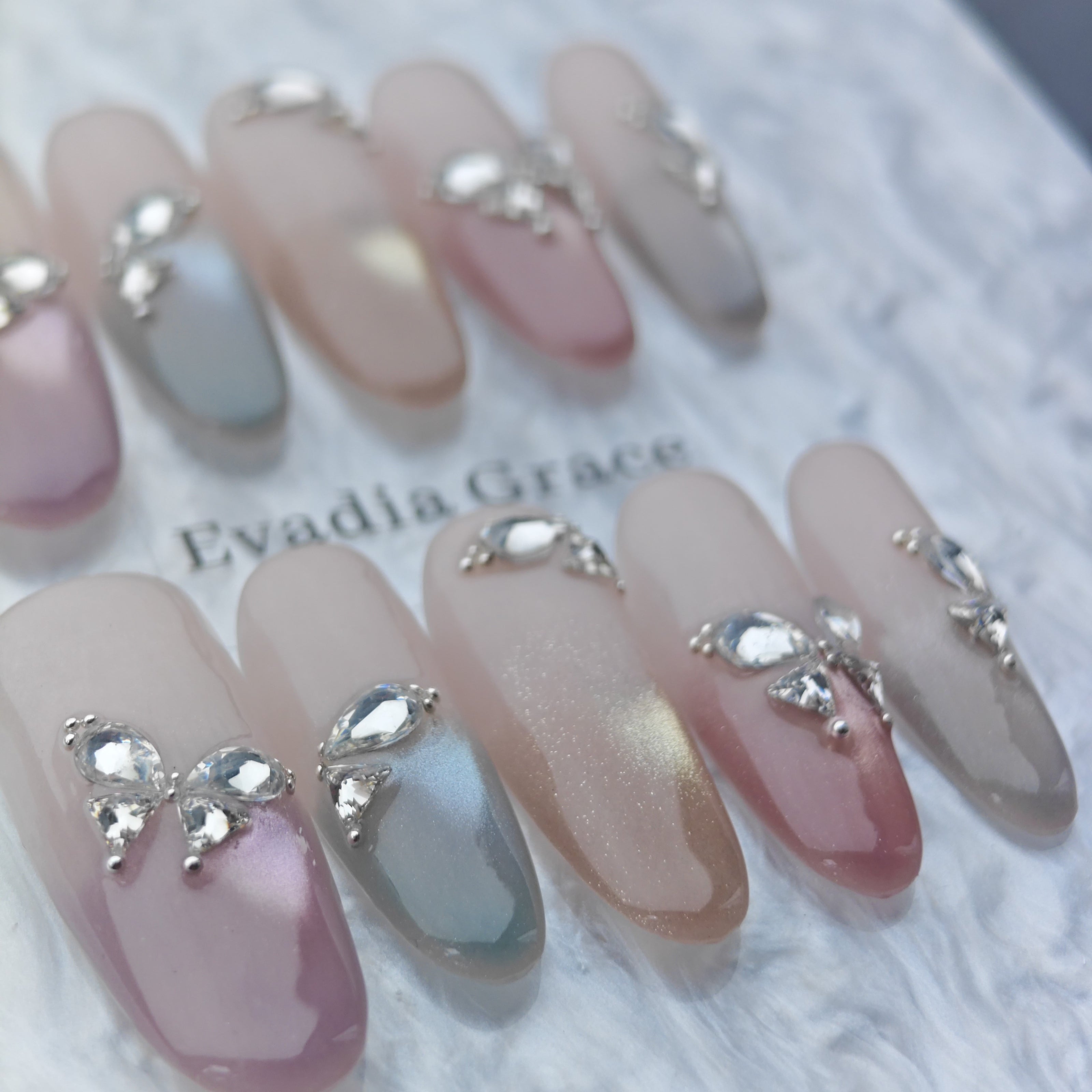 Romantic Lilac Gradient Press-On Nails – 3D Crystal Heart & Butterfly Accents | Long Coffin Luxury Fake Nails | Reusable Elegant Nail Art Tips