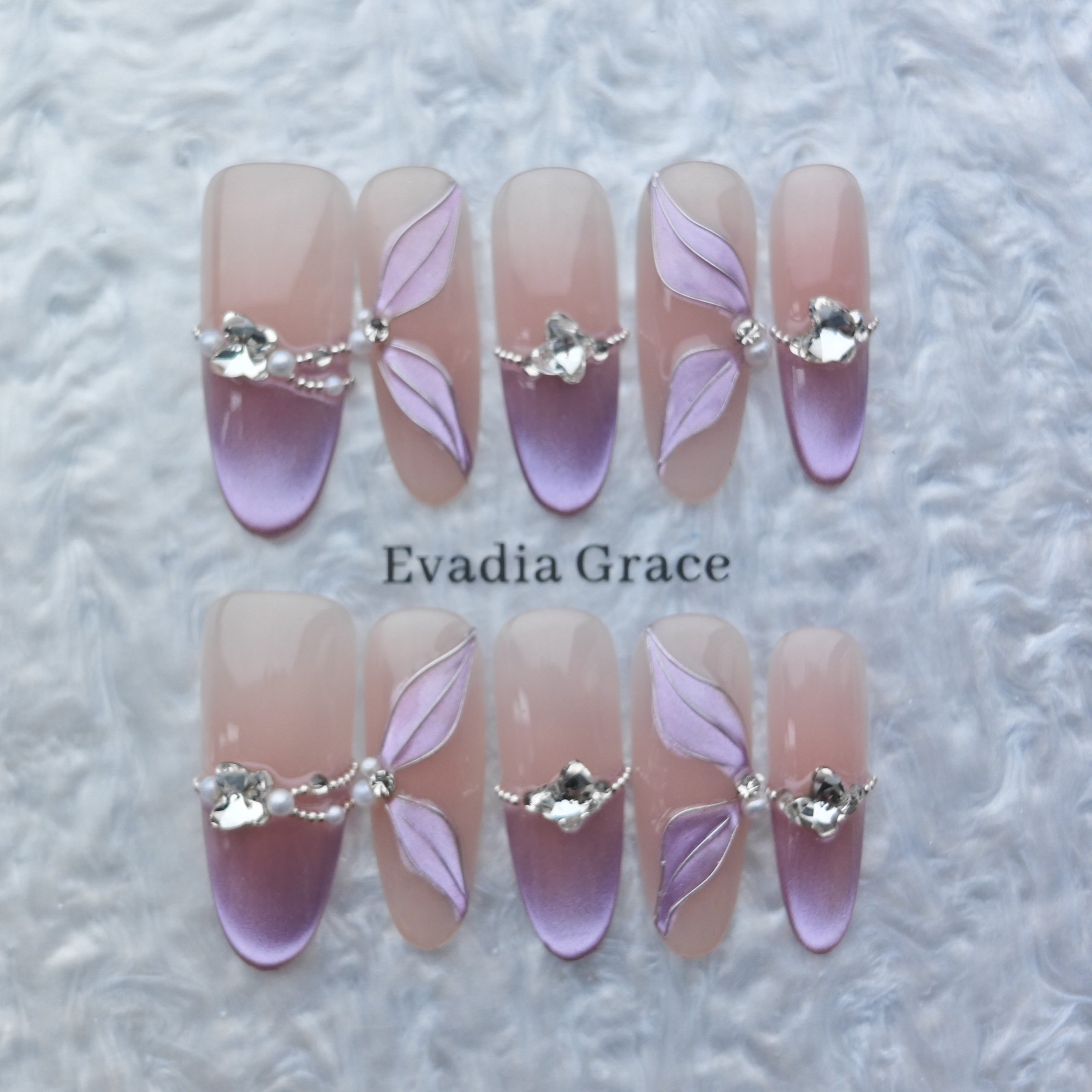 Lavender Petal Gradient Press-On Nails – 3D Leaf Charms & Crystal Accents | Long Coffin Luxury Fake Nails | Reusable Elegant Nail Art Tips
