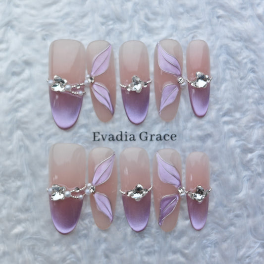Lavender Petal Gradient Press-On Nails – 3D Leaf Charms & Crystal Accents | Long Coffin Luxury Fake Nails | Reusable Elegant Nail Art Tips