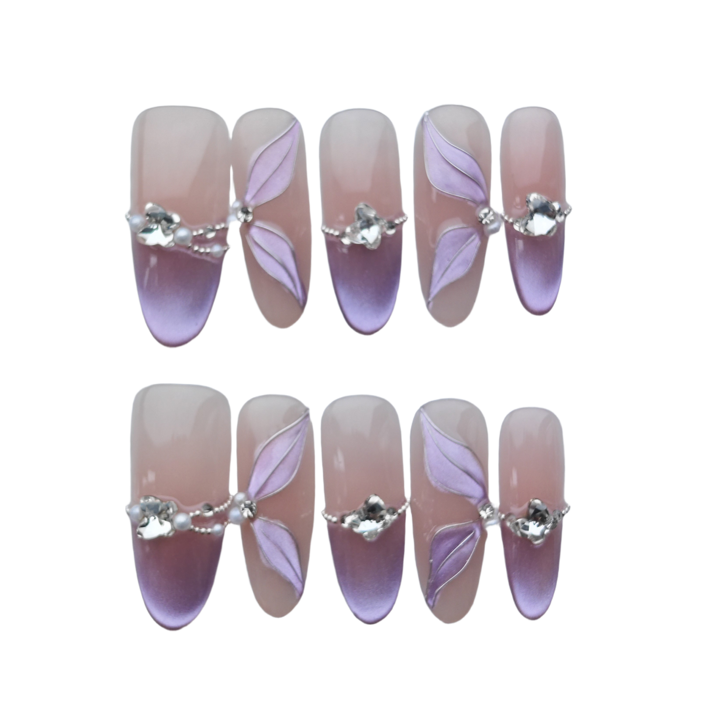Lavender Petal Gradient Press-On Nails – 3D Leaf Charms & Crystal Accents | Long Coffin Luxury Fake Nails | Reusable Elegant Nail Art Tips