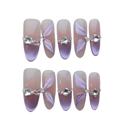 Lavender Petal Gradient Press-On Nails – 3D Leaf Charms & Crystal Accents | Long Coffin Luxury Fake Nails | Reusable Elegant Nail Art Tips