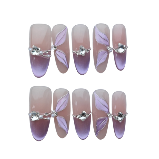 Lavender Petal Gradient Press-On Nails – 3D Leaf Charms & Crystal Accents | Long Coffin Luxury Fake Nails | Reusable Elegant Nail Art Tips