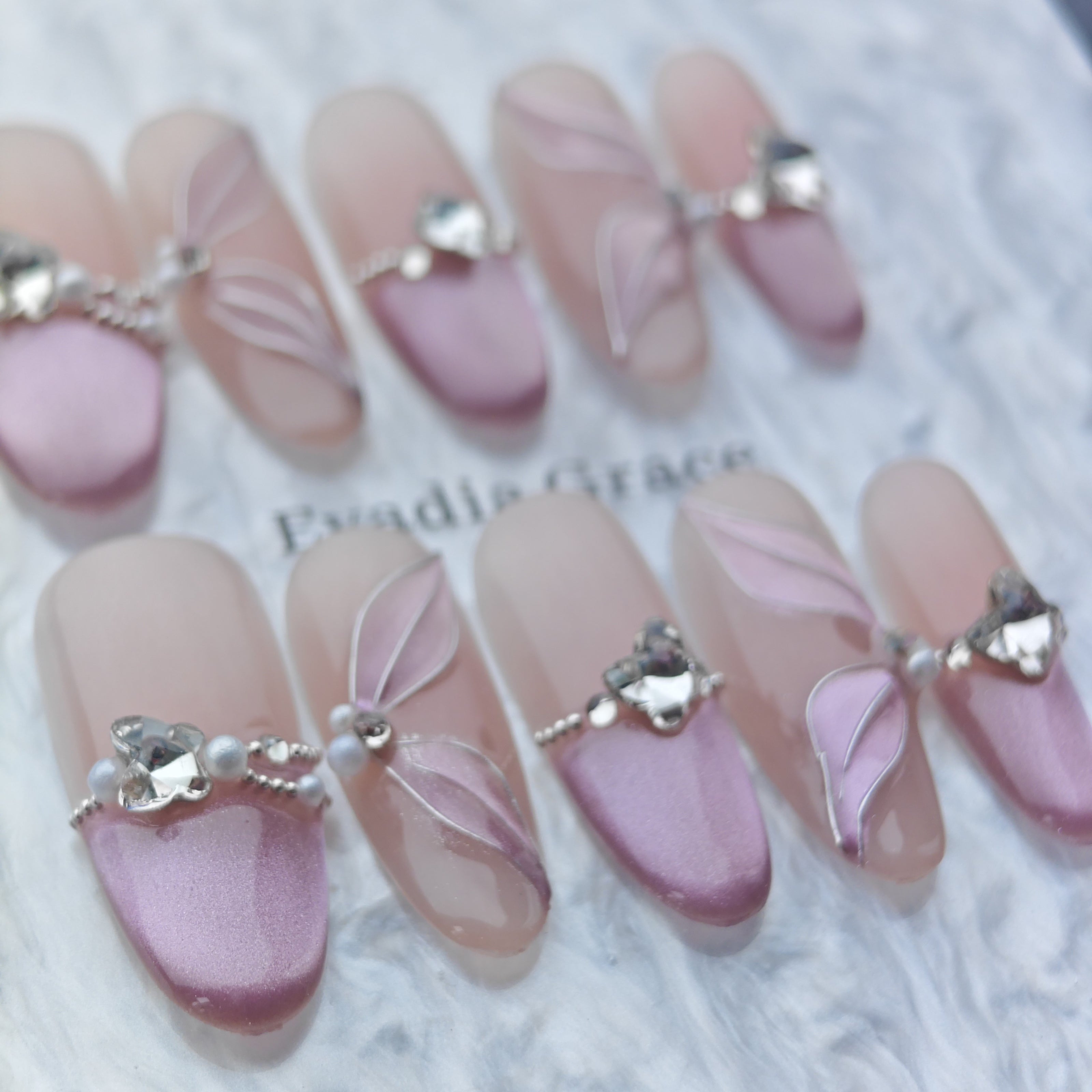 Lavender Petal Gradient Press-On Nails – 3D Leaf Charms & Crystal Accents | Long Coffin Luxury Fake Nails | Reusable Elegant Nail Art Tips