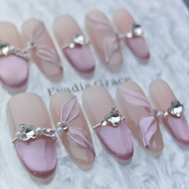 Lavender Petal Gradient Press-On Nails – 3D Leaf Charms & Crystal Accents | Long Coffin Luxury Fake Nails | Reusable Elegant Nail Art Tips
