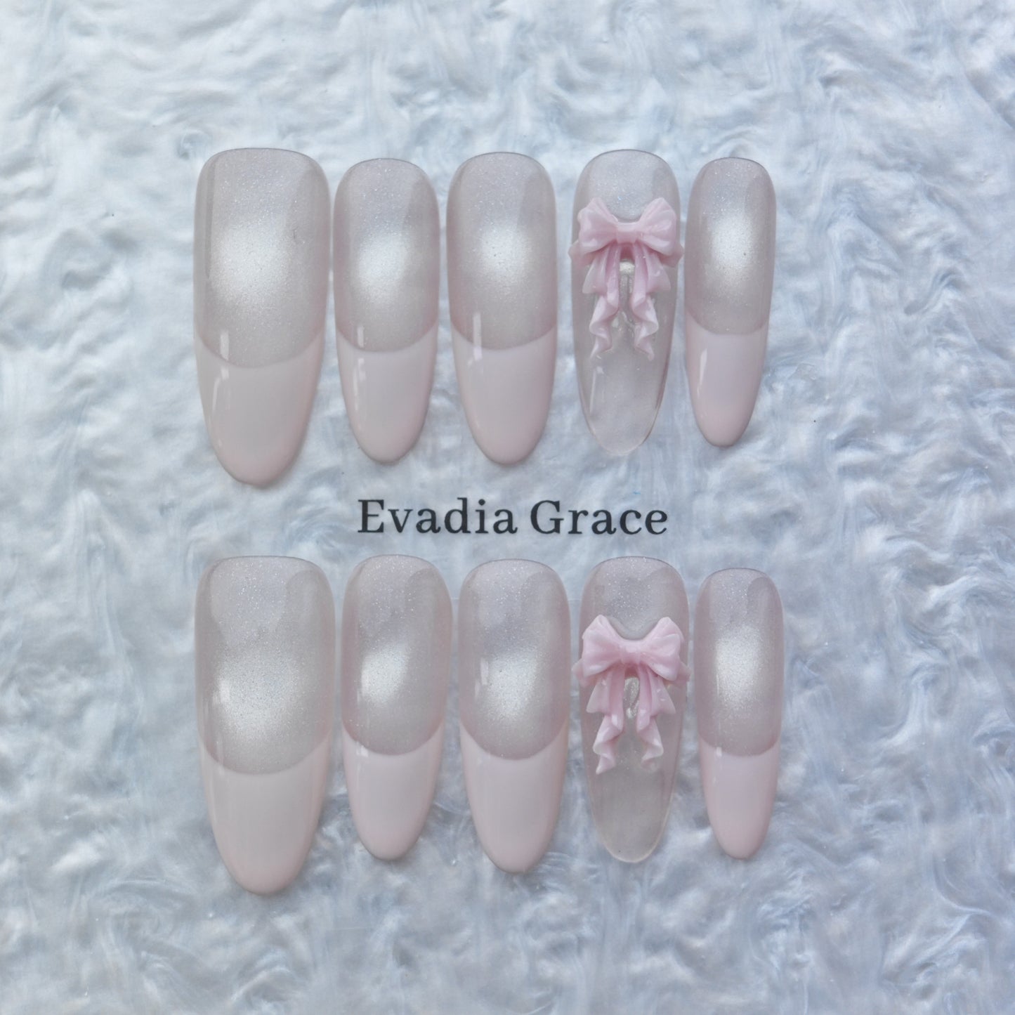 Blush Pink French Tip Press-On Nails – 3D Ribbon Accent | Elegant Long Coffin Nails | Reusable Handmade Nail Art Tips