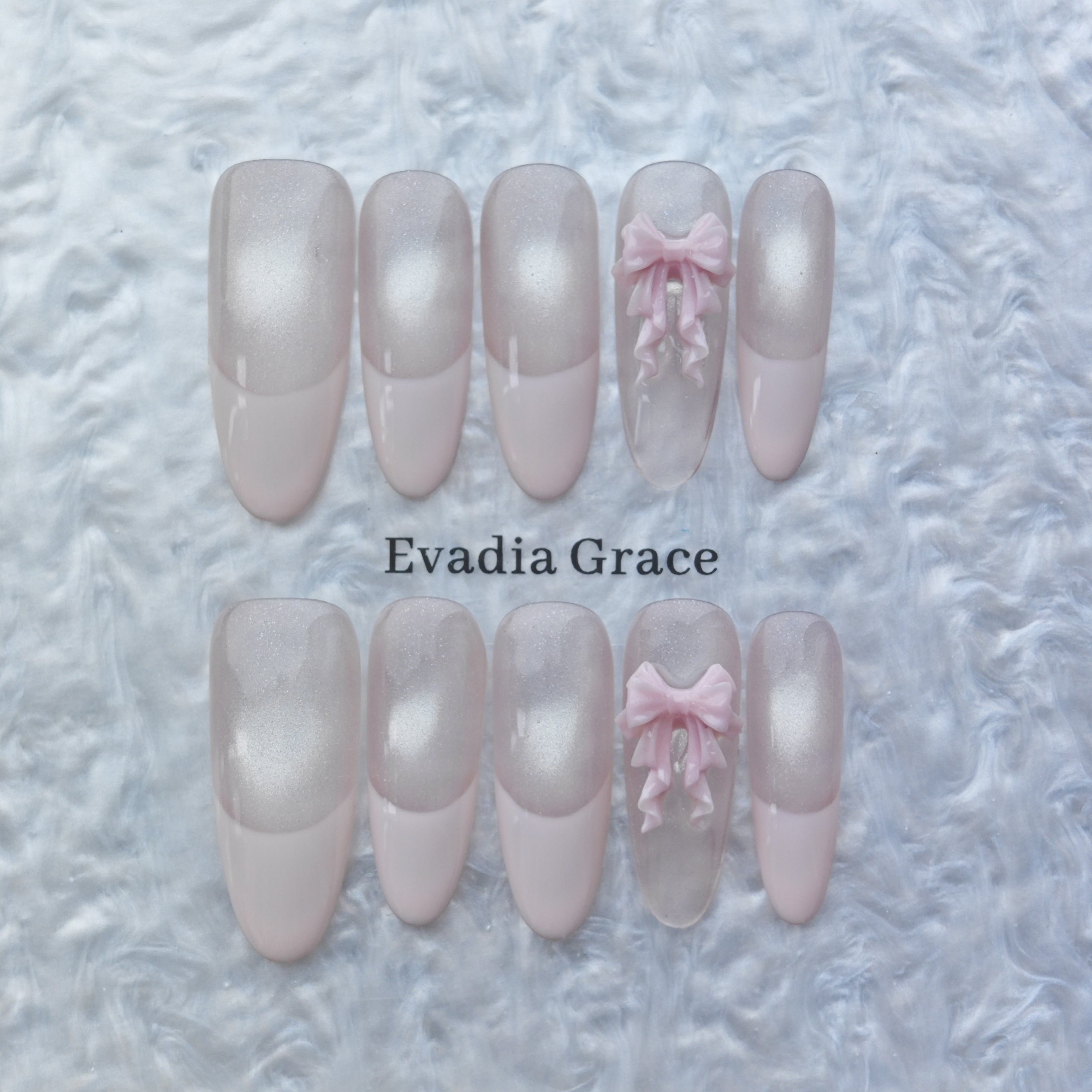 Blush Pink French Tip Press-On Nails – 3D Ribbon Accent | Elegant Long Coffin Nails | Reusable Handmade Nail Art Tips