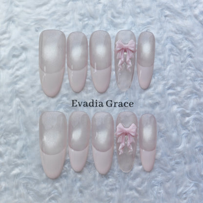 Blush Pink French Tip Press-On Nails – 3D Ribbon Accent | Elegant Long Coffin Nails | Reusable Handmade Nail Art Tips