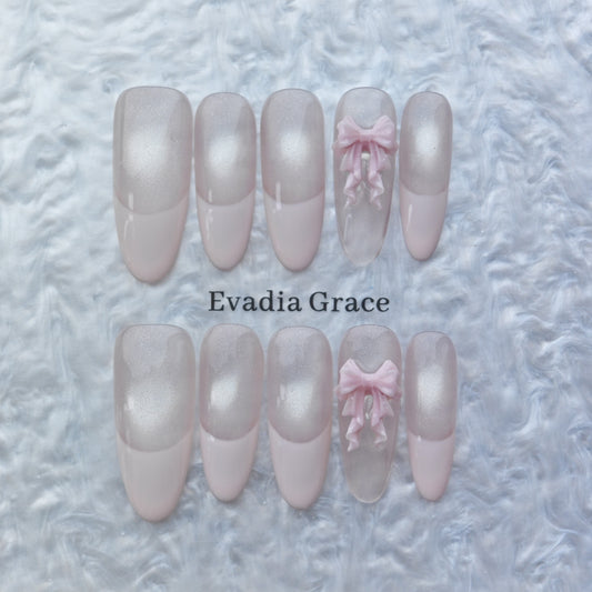 Blush Pink French Tip Press-On Nails – 3D Ribbon Accent | Elegant Long Coffin Nails | Reusable Handmade Nail Art Tips