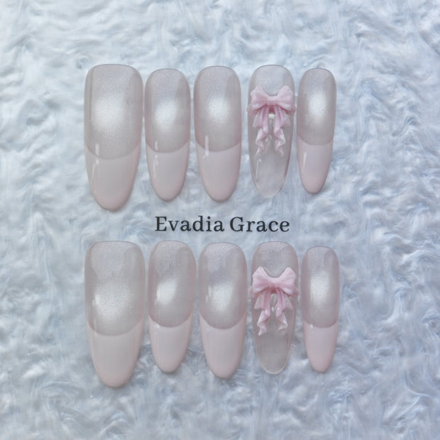 Blush Pink French Tip Press-On Nails – 3D Ribbon Accent | Elegant Long Coffin Nails | Reusable Handmade Nail Art Tips
