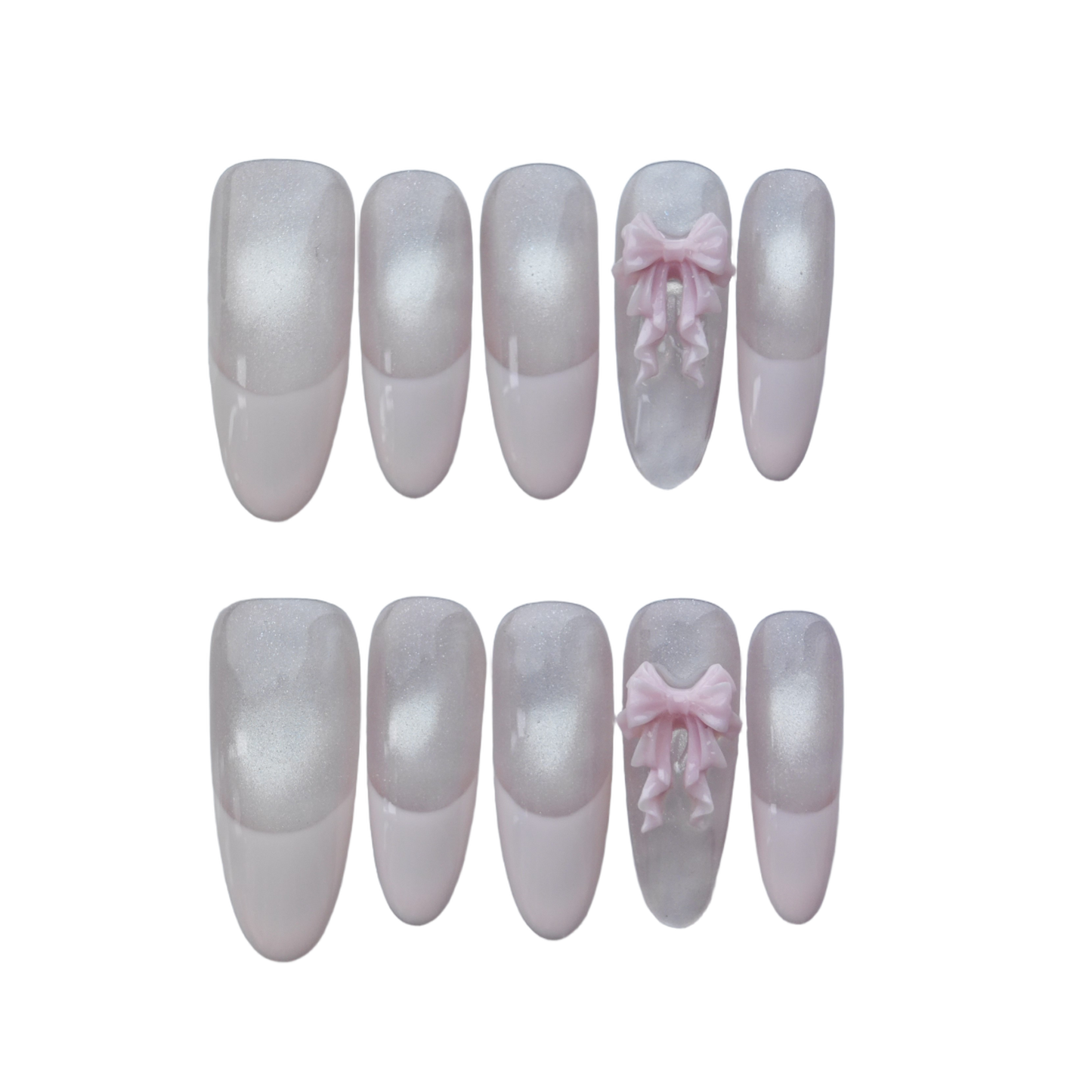 Blush Pink French Tip Press-On Nails – 3D Ribbon Accent | Elegant Long Coffin Nails | Reusable Handmade Nail Art Tips