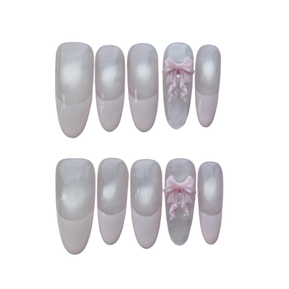 Blush Pink French Tip Press-On Nails – 3D Ribbon Accent | Elegant Long Coffin Nails | Reusable Handmade Nail Art Tips