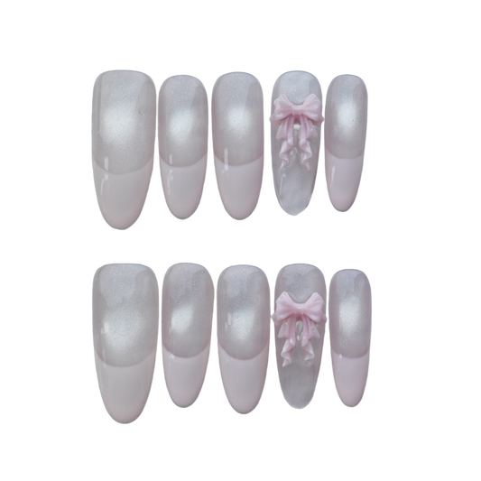 Blush Pink French Tip Press-On Nails – 3D Ribbon Accent | Elegant Long Coffin Nails | Reusable Handmade Nail Art Tips