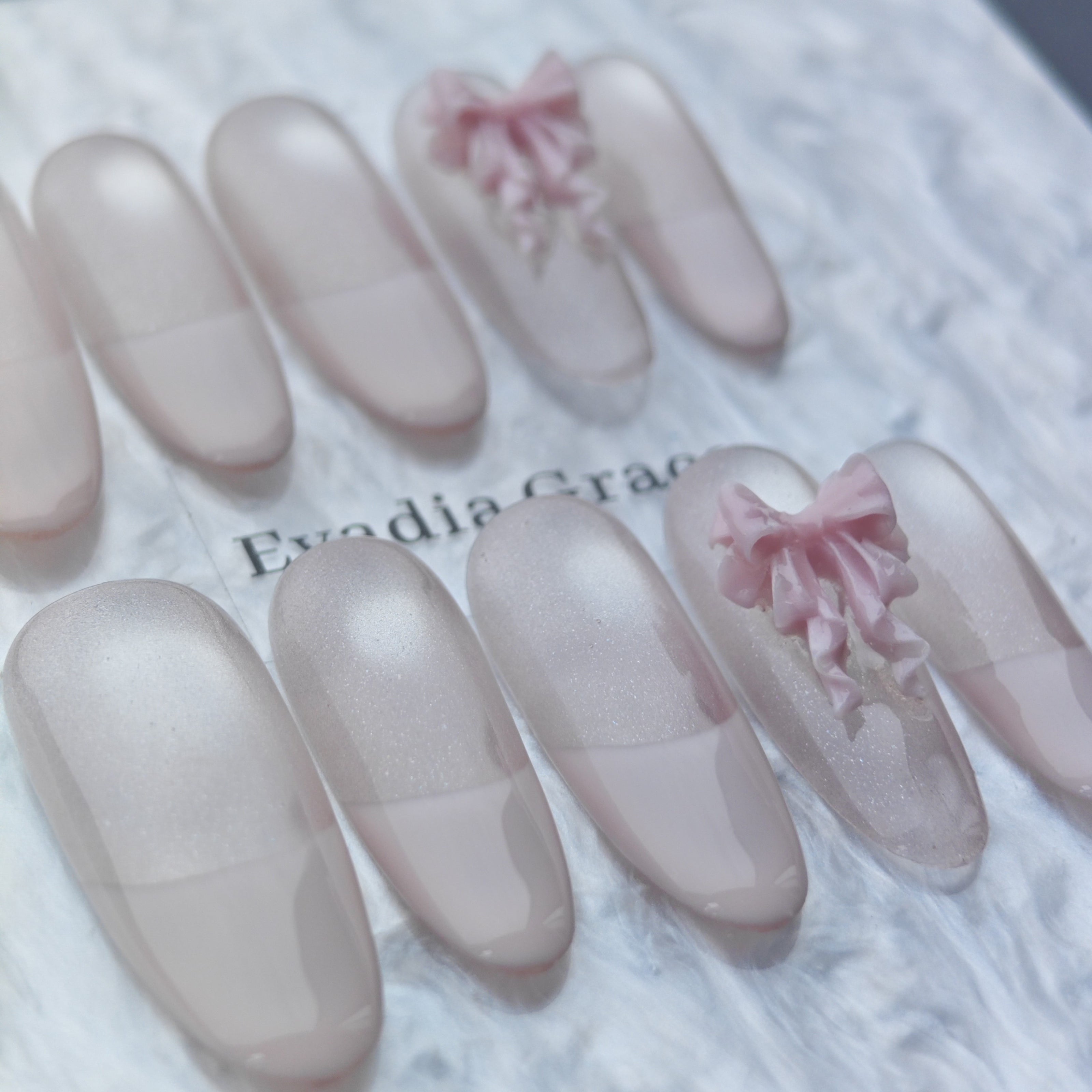 Blush Pink French Tip Press-On Nails – 3D Ribbon Accent | Elegant Long Coffin Nails | Reusable Handmade Nail Art Tips