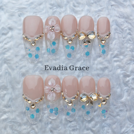 Blue Sparkle Floral Press-On Nails – 3D Flower & Gold Crystal Accents | Long Coffin Luxury Fake Nails | Reusable Elegant Nail Art Tips