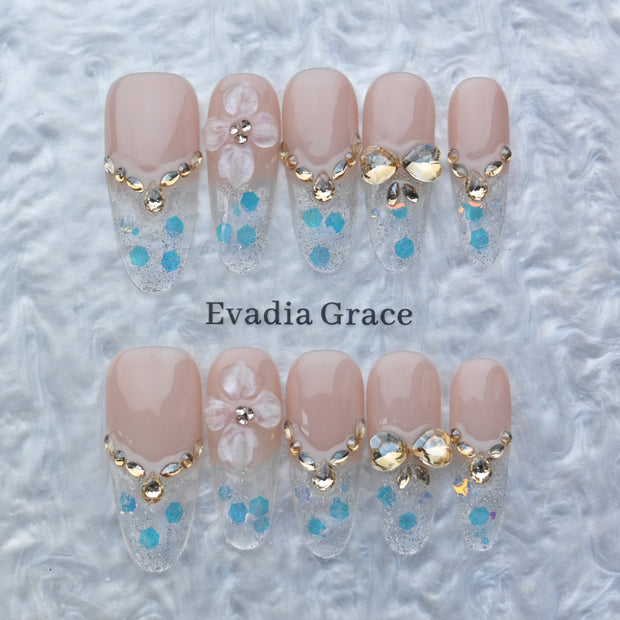 Blue Sparkle Floral Press-On Nails – 3D Flower & Gold Crystal Accents | Long Coffin Luxury Fake Nails | Reusable Elegant Nail Art Tips