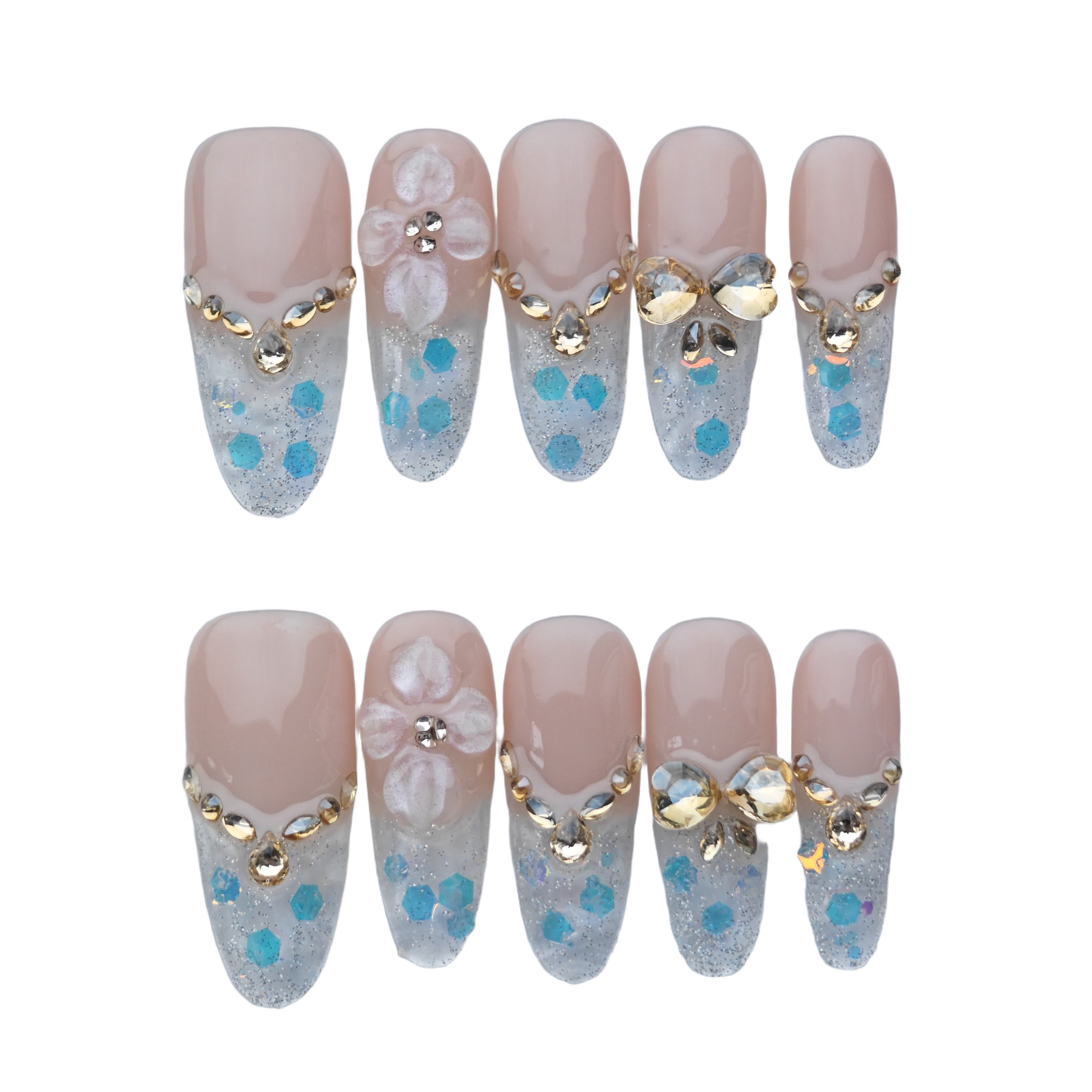 Blue Sparkle Floral Press-On Nails – 3D Flower & Gold Crystal Accents | Long Coffin Luxury Fake Nails | Reusable Elegant Nail Art Tips