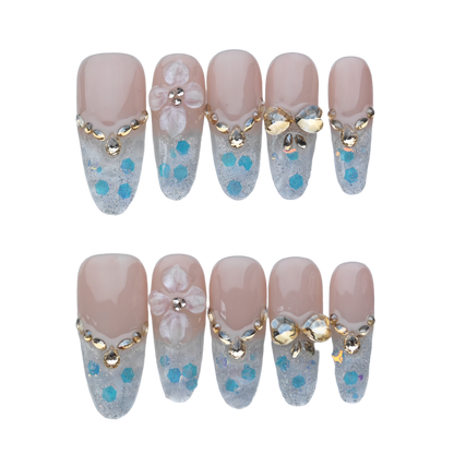 Blue Sparkle Floral Press-On Nails – 3D Flower & Gold Crystal Accents | Long Coffin Luxury Fake Nails | Reusable Elegant Nail Art Tips