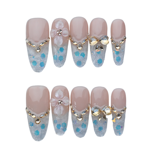 Blue Sparkle Floral Press-On Nails – 3D Flower & Gold Crystal Accents | Long Coffin Luxury Fake Nails | Reusable Elegant Nail Art Tips