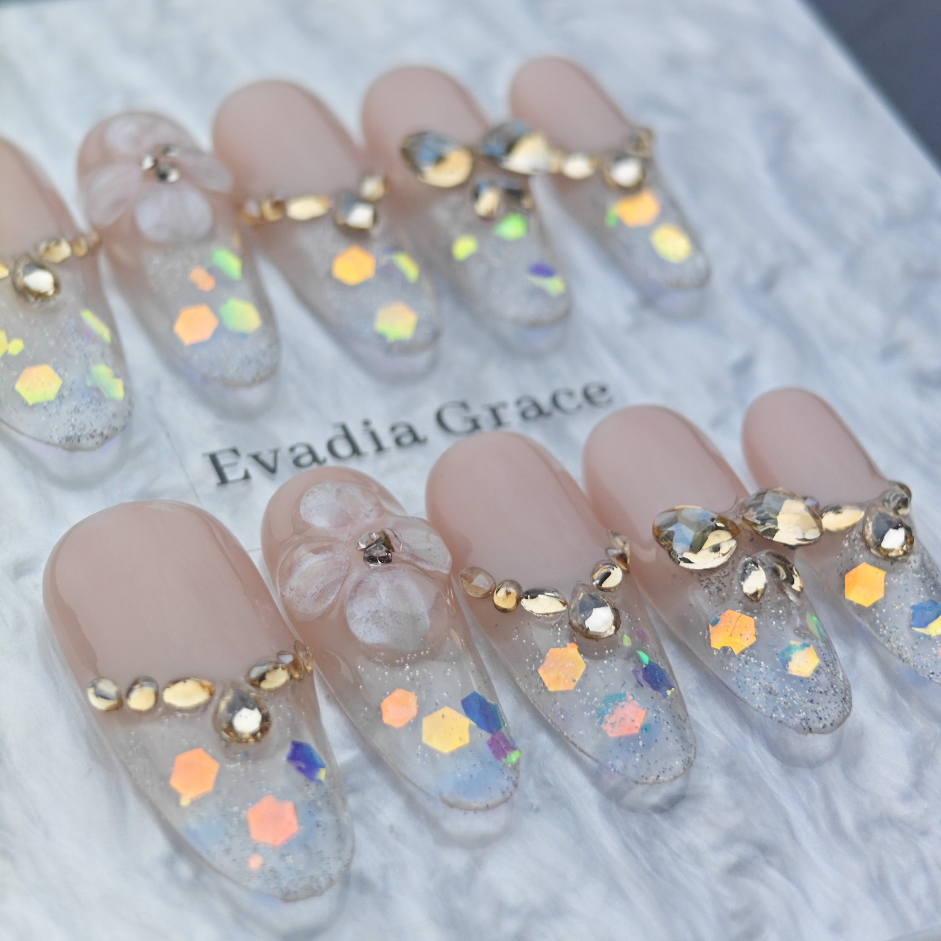 Blue Sparkle Floral Press-On Nails – 3D Flower & Gold Crystal Accents | Long Coffin Luxury Fake Nails | Reusable Elegant Nail Art Tips