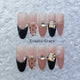 Elegant Nude & Black Press-On Nails – Gold Gemstone Accents | Long Coffin Luxury Fake Nails | Reusable Chic Nail Art Tips