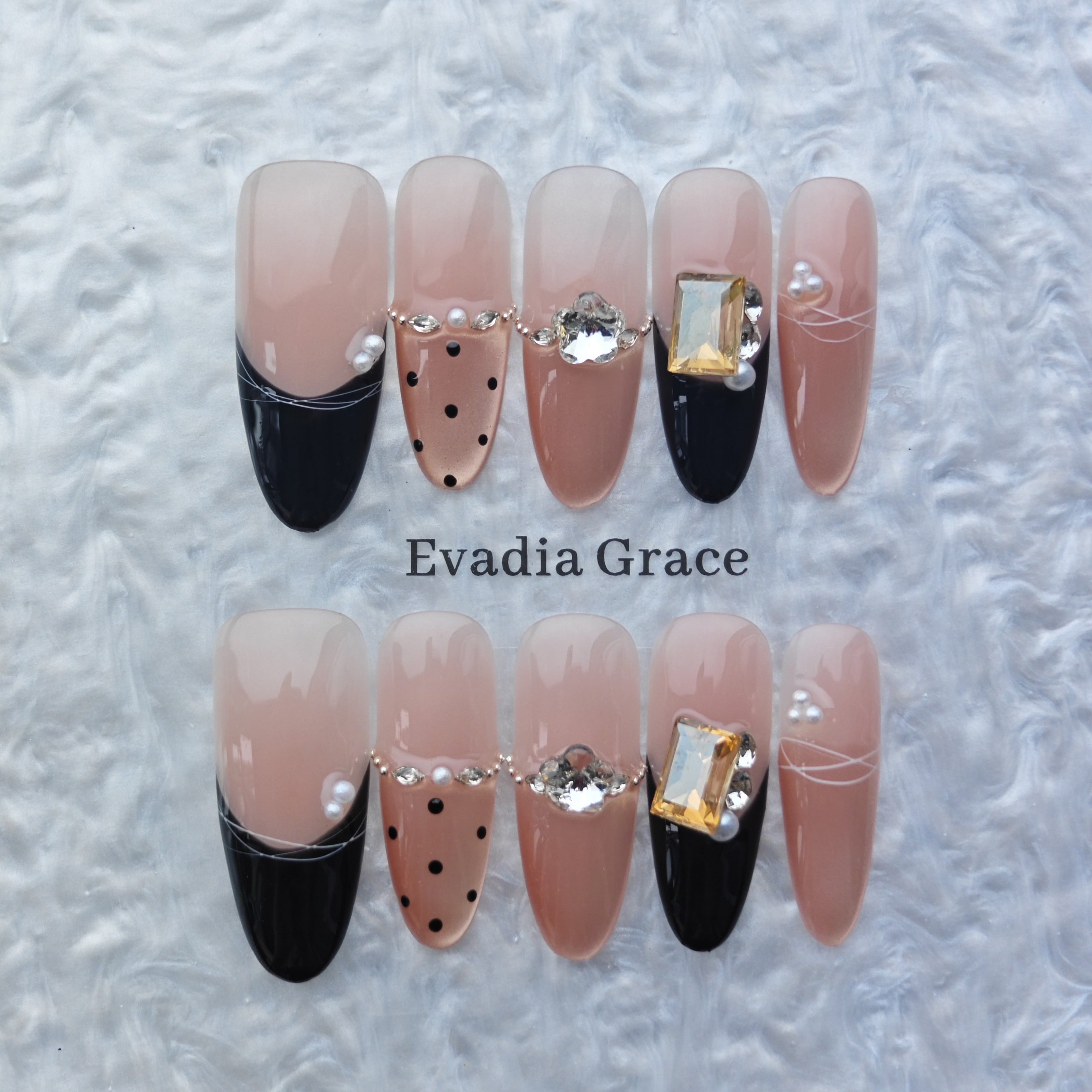 Elegant Nude & Black Press-On Nails – Gold Gemstone Accents | Long Coffin Luxury Fake Nails | Reusable Chic Nail Art Tips