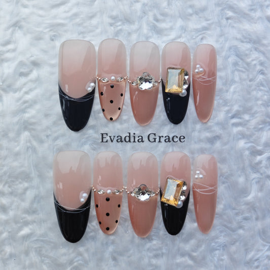 Elegant Nude & Black Press-On Nails – Gold Gemstone Accents | Long Coffin Luxury Fake Nails | Reusable Chic Nail Art Tips
