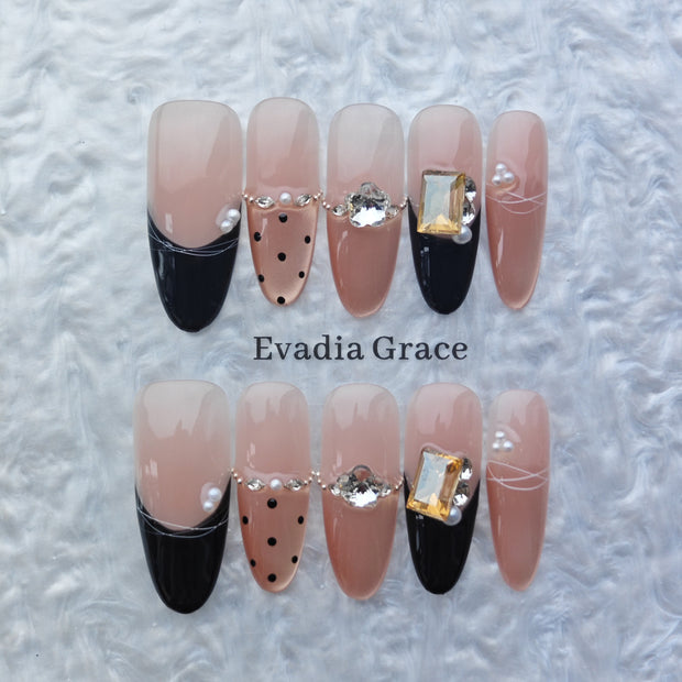 Elegant Nude & Black Press-On Nails – Gold Gemstone Accents | Long Coffin Luxury Fake Nails | Reusable Chic Nail Art Tips