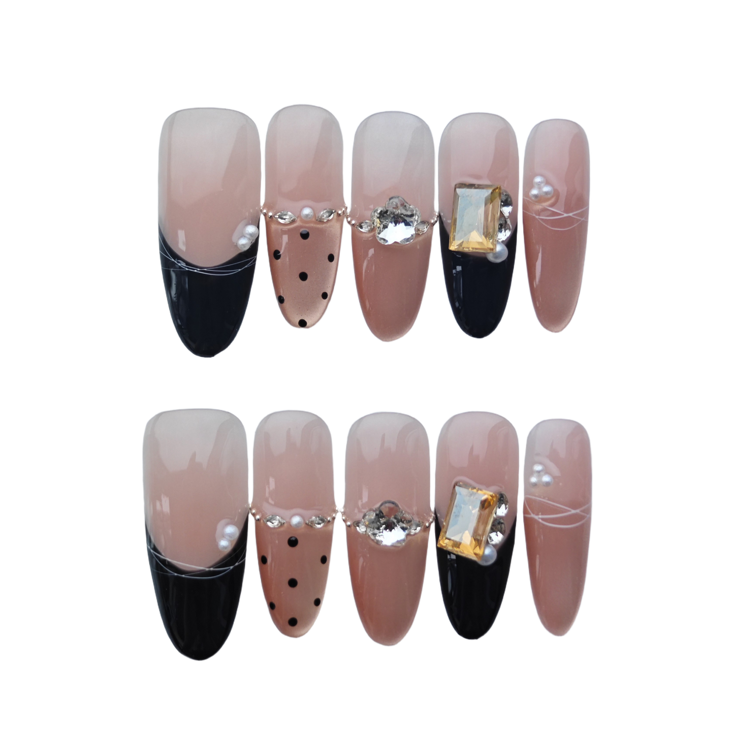 Elegant Nude & Black Press-On Nails – Gold Gemstone Accents | Long Coffin Luxury Fake Nails | Reusable Chic Nail Art Tips
