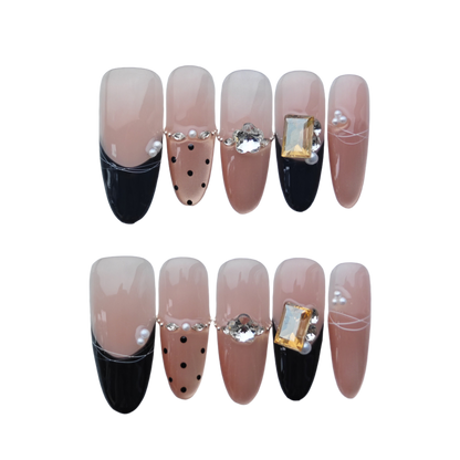 Elegant Nude & Black Press-On Nails – Gold Gemstone Accents | Long Coffin Luxury Fake Nails | Reusable Chic Nail Art Tips
